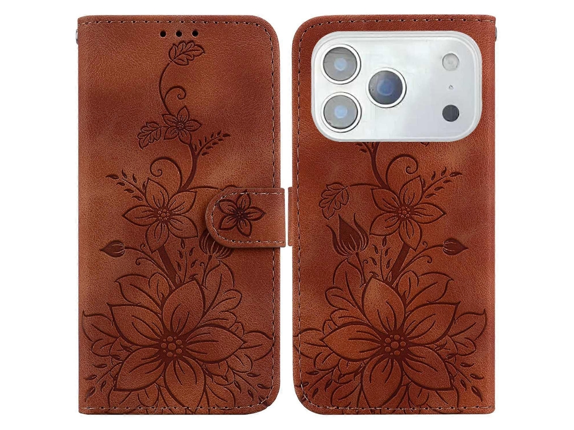 Capa Para Iphone 17 Pro Max Com Suporte, Estampa De Lírio Em Couro Sintético E Alça De Pulso. Cor Marrom.