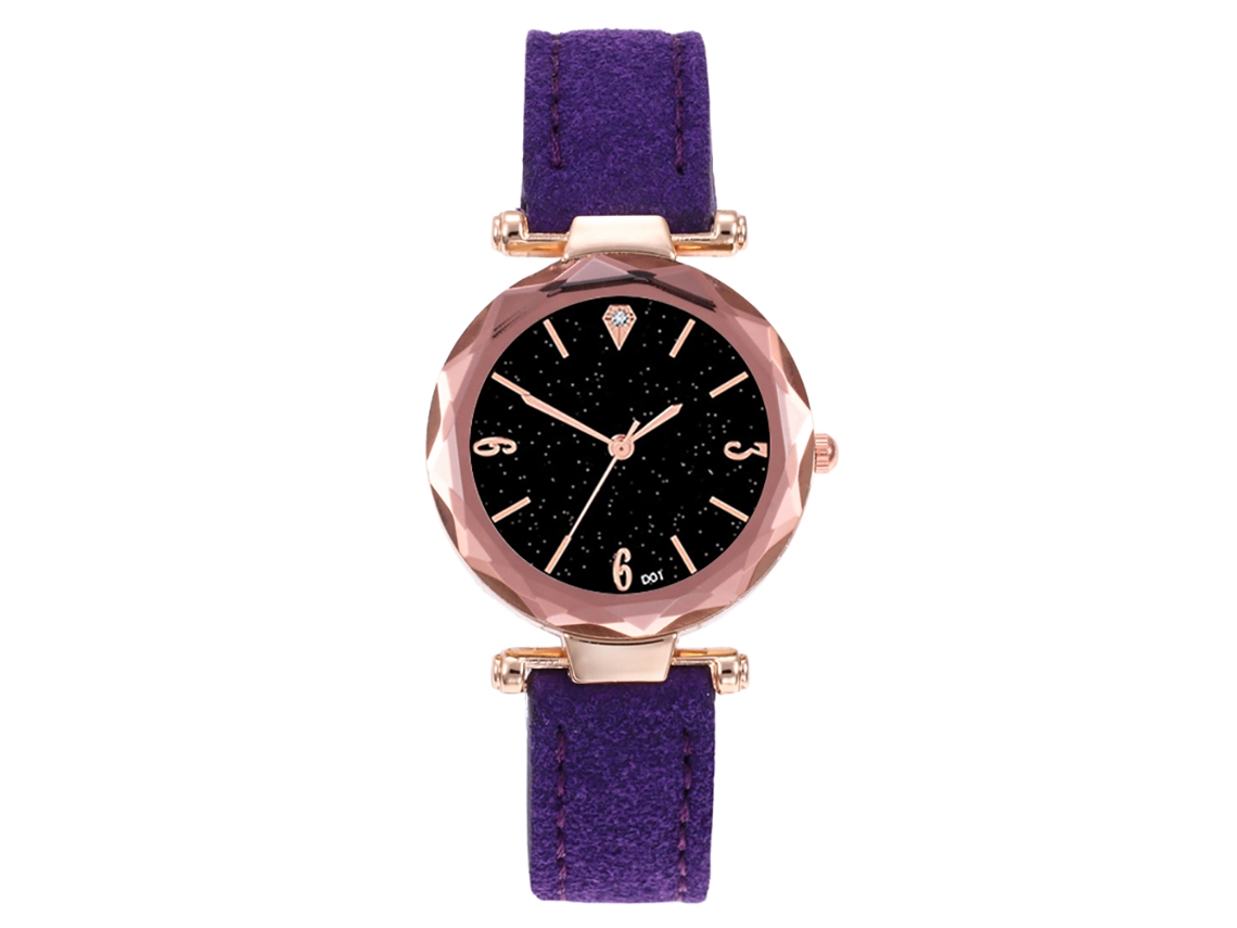 Relógio de Pulso Feminino Zhoulianfa com Pulseira de Couro Pu e Esfera Strass Céu Estrelado Roxo