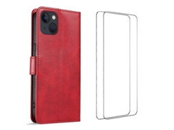 Capa Tkdaddy Para Iphone 15 Com 2 Peças De Vidro Temperado Wanlonfeng Wn Series, Capa De Couro Com Textura De Bezerro, Recortes Grandes, Vermelha