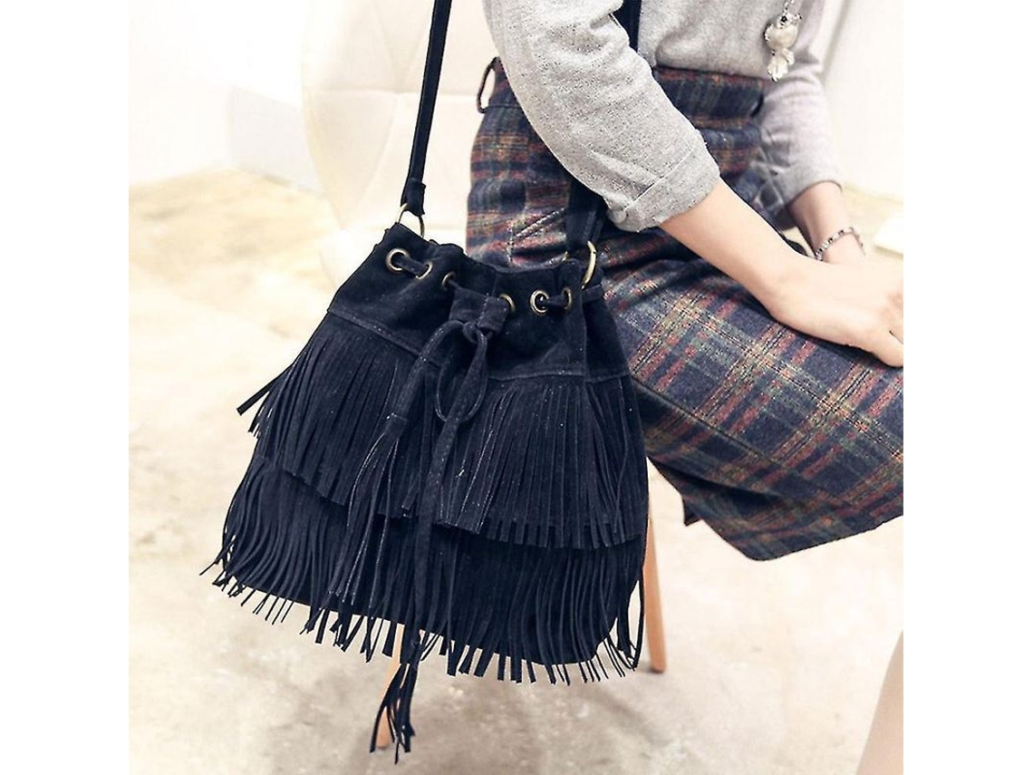 Bolsa transversal feminina de camurça sintética com franjas e borlas, modelo retrô 2026.