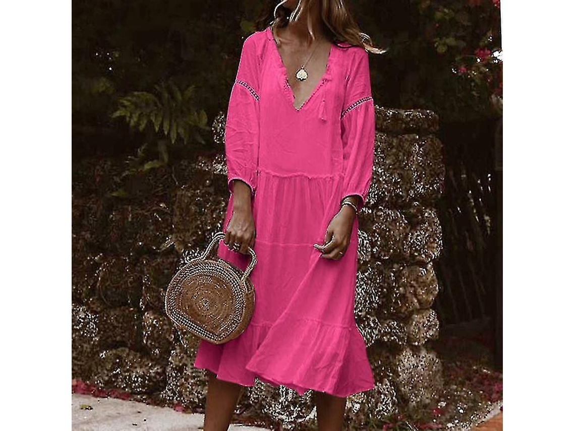 2026 vestido Midi de Verano para Mulher de Cor Sólida com Gola em V e Manga 3/4