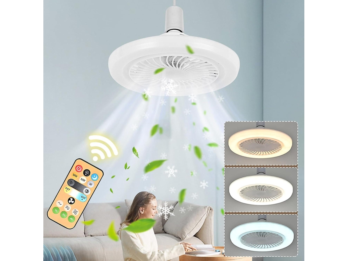 Ventilador De Teto Com Luminária E27, 3 Cores, Controle Remoto, Proteção Ocular Regulável, Ideal Para Quarto Jortmrd