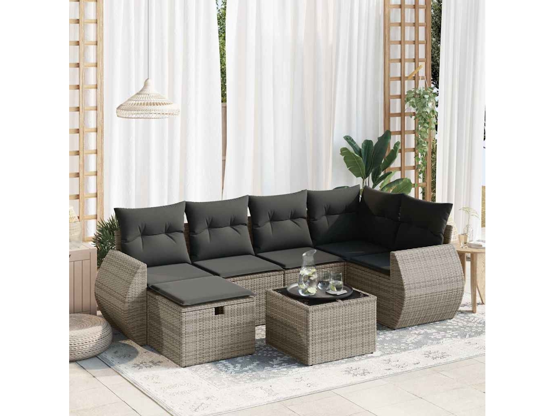 Vidaxl 7 Pcs Conjunto Sofás P/ Jardim C/ Almofadões Vime Pe Cinzento