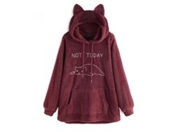 Sudadera com Capuz Oversize com Orelhas de Gato para Mulher Inverno Plush Duas Faces Bordado Ulu L Vinho Tinto | S/MARCA