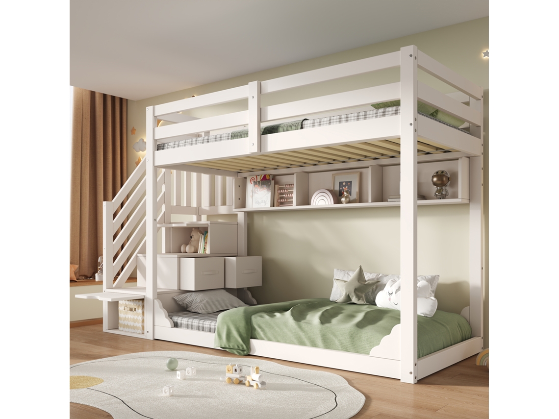Beliche Infantil 90x200 Cm Branco Com Armário Escada E Arrumação, Madeira, Grades De Segurança, Sem Colchão