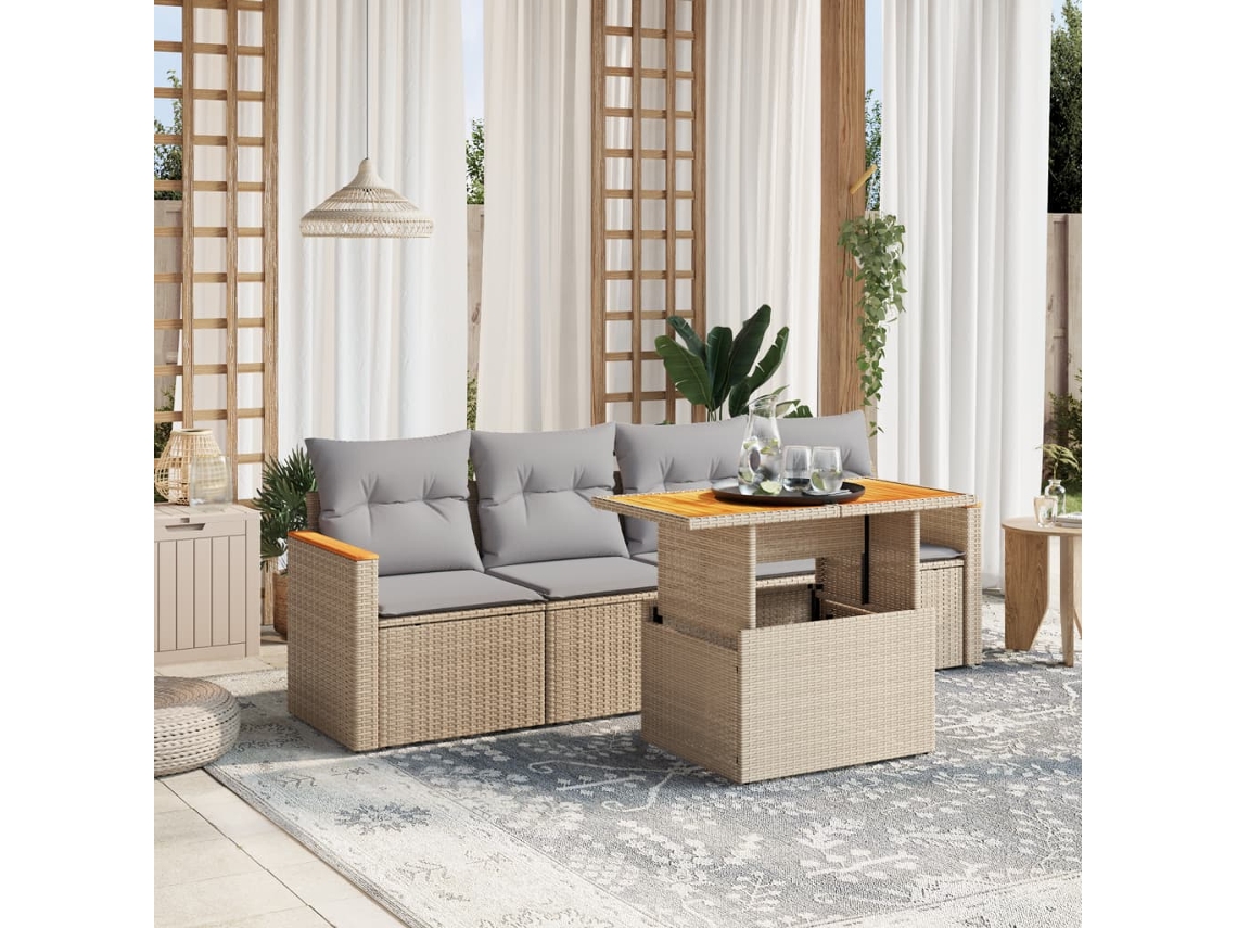 Vidaxl 5 Pcs Conjunto De Sofás P/ Jardim Com Almofadões Vime Pe Bege