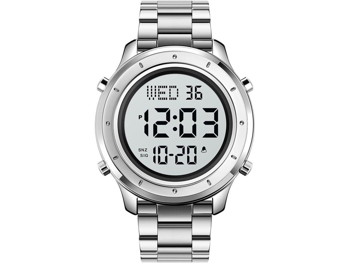 Lurelia Relógio Digital Masculino, Visor Digital, Led, Cronómetro, Alarme, Data/calendário, 12/24h, Duplo Fuso/mostrador, Aço Inoxidável, Couro, Preto