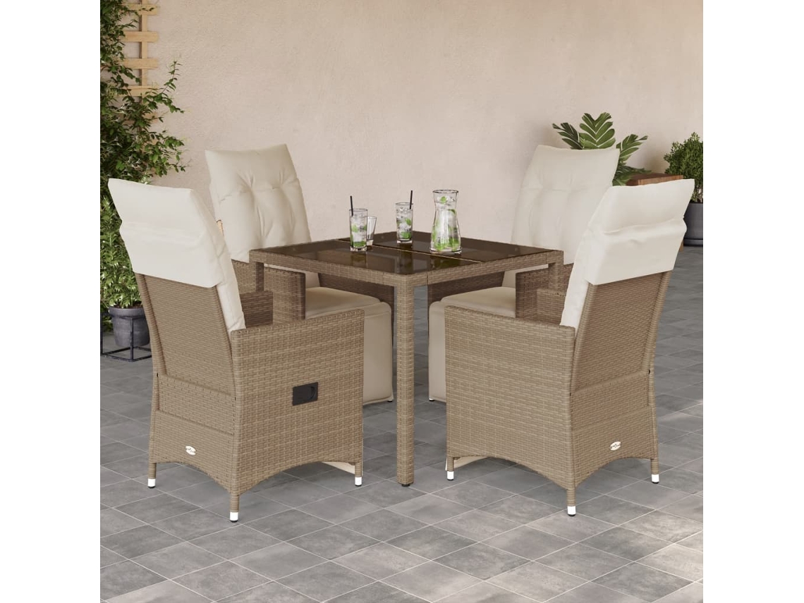 Jogo 5 Peças Bistrô Para Jardim C/ Almofadões Vime Pe Bege Dkd Home Decor