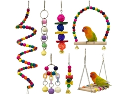 Conjunto de 7 brinquedos coloridos AQUAFORGE para papagaios, com balanços e poleiros