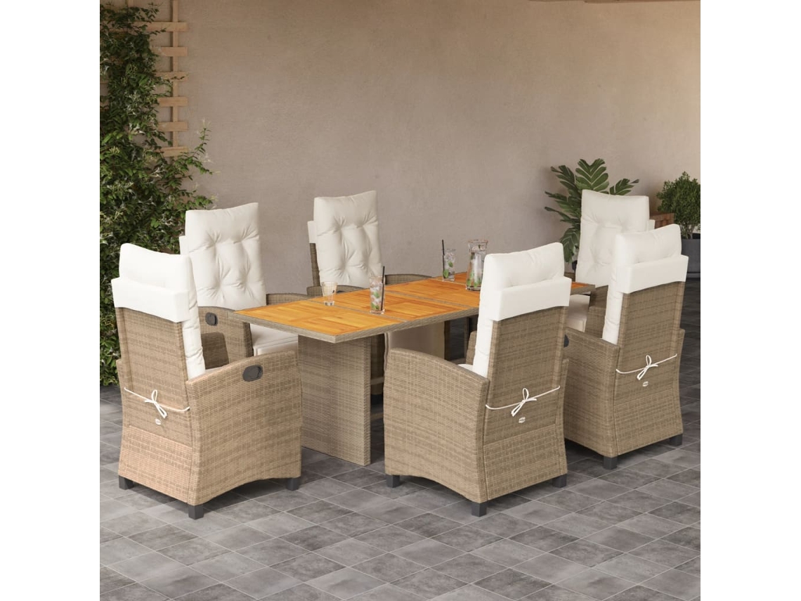 Conjunto 7 Peças Jantar P/ Jardim Com Almofadões Vime Pe Bege Dkd Home Decor