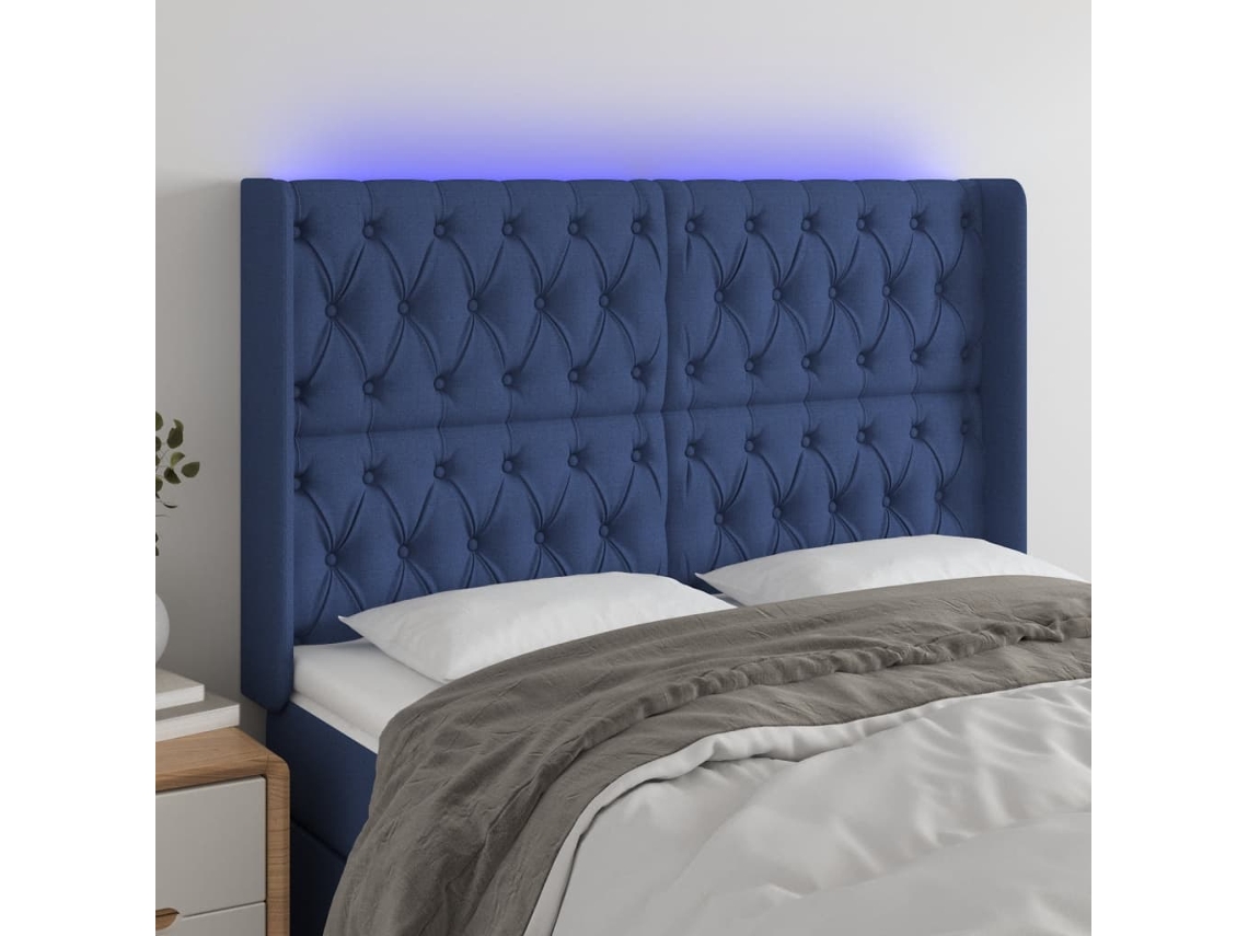 Vidaxl Cabeceira De Cama C/ Luzes Led Tecido 163x16x118/128 Cm Azul
