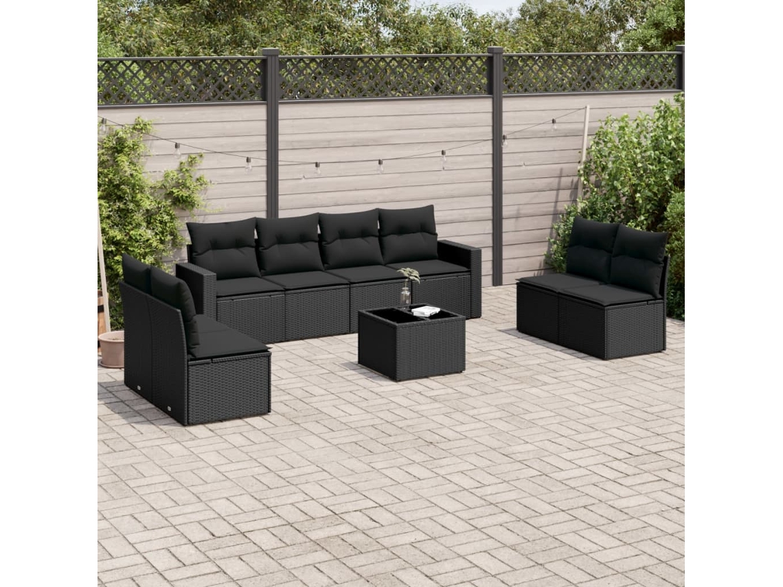 Vidaxl 9 Pcs Conjunto De Sofás P/ Jardim C/ Almofadões Vime Pe Preto