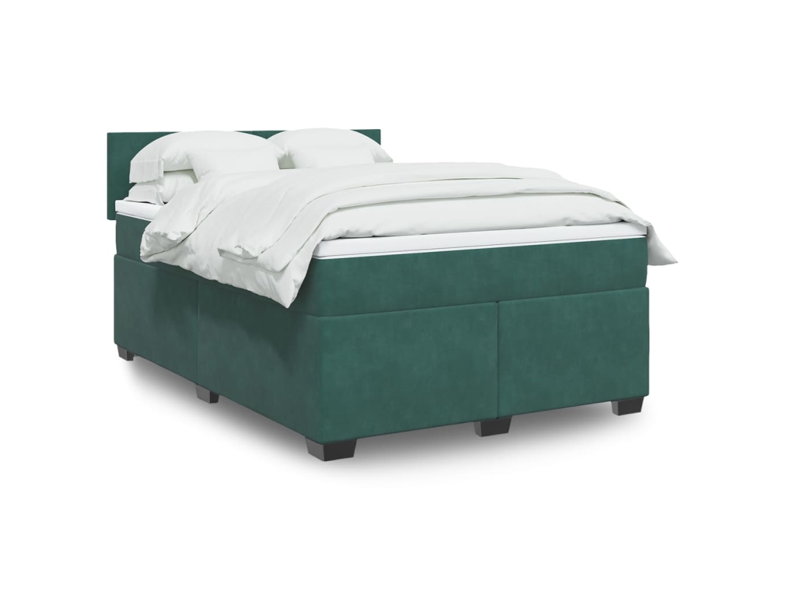 Cama Com Molas/colchão 140x190 Cm Veludo Verde-escuro