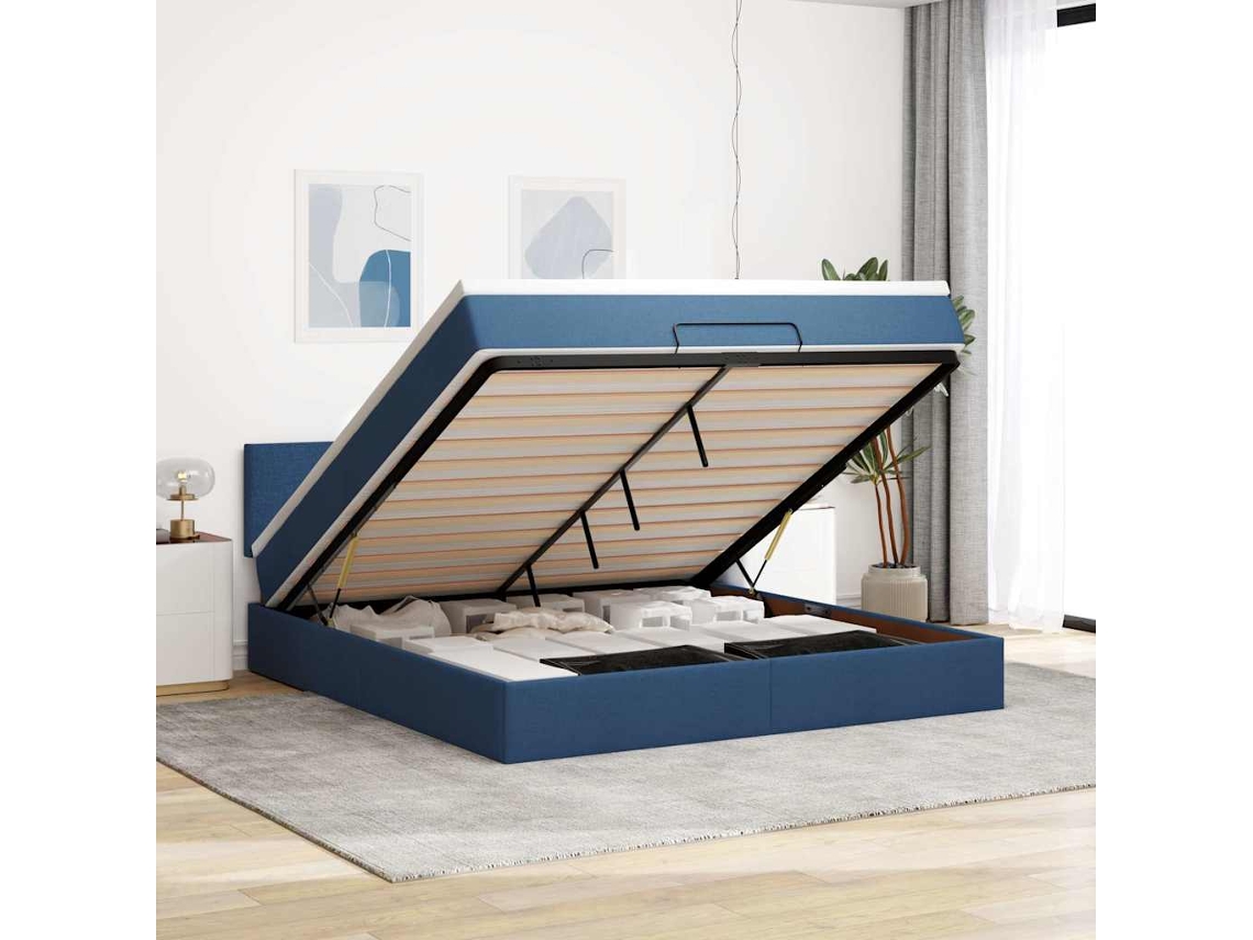Vidaxl Estrutura De Cama Otomana Com Colchão 160x200 Cm Tecido Azul