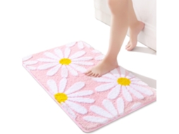 Tapete Rosa - Fofo Margaridas - Antiderrapante Lavável - Flores Brancas E Amarelas - 50x80 Cm