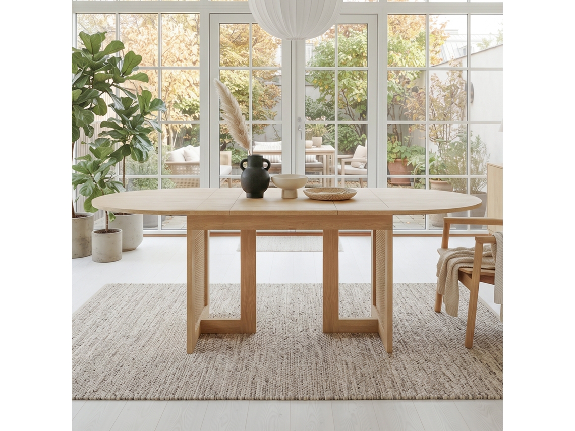 Mesa De Jantar Extensível 160/200×90cm Para 6 A 8 Pessoas Cantos Arredondados, Tampo Espesso Estilo Simples, Pés Em Rotim Cor Carvalho