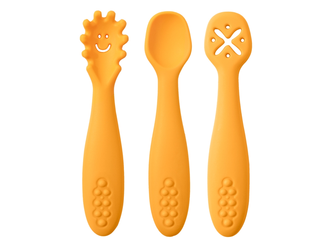 Conjunto de Talheres de Silicone para Bebê com 3 Peças, Incluindo uma Colher e um Garfo Macios. MDUG (amarelo)