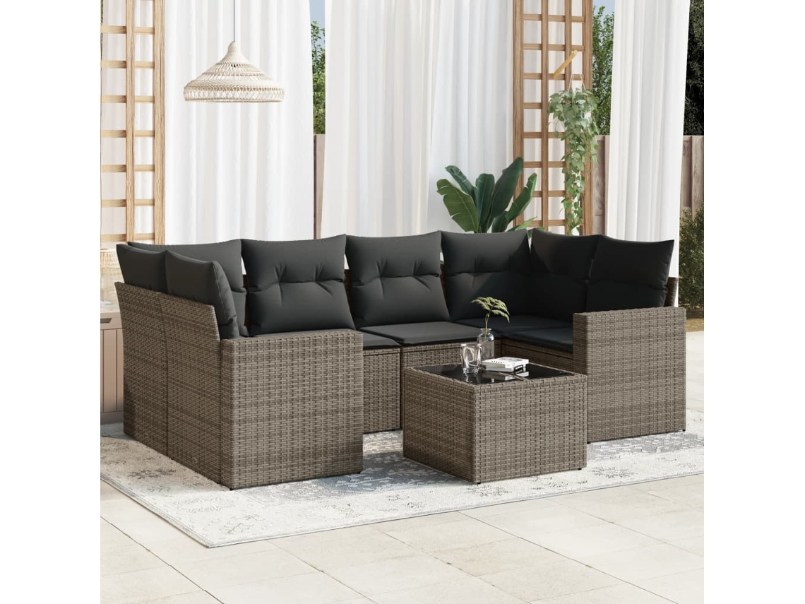 Vidaxl 7 Pcs Conjunto Sofás P/ Jardim C/ Almofadões Vime Pe Cinzento