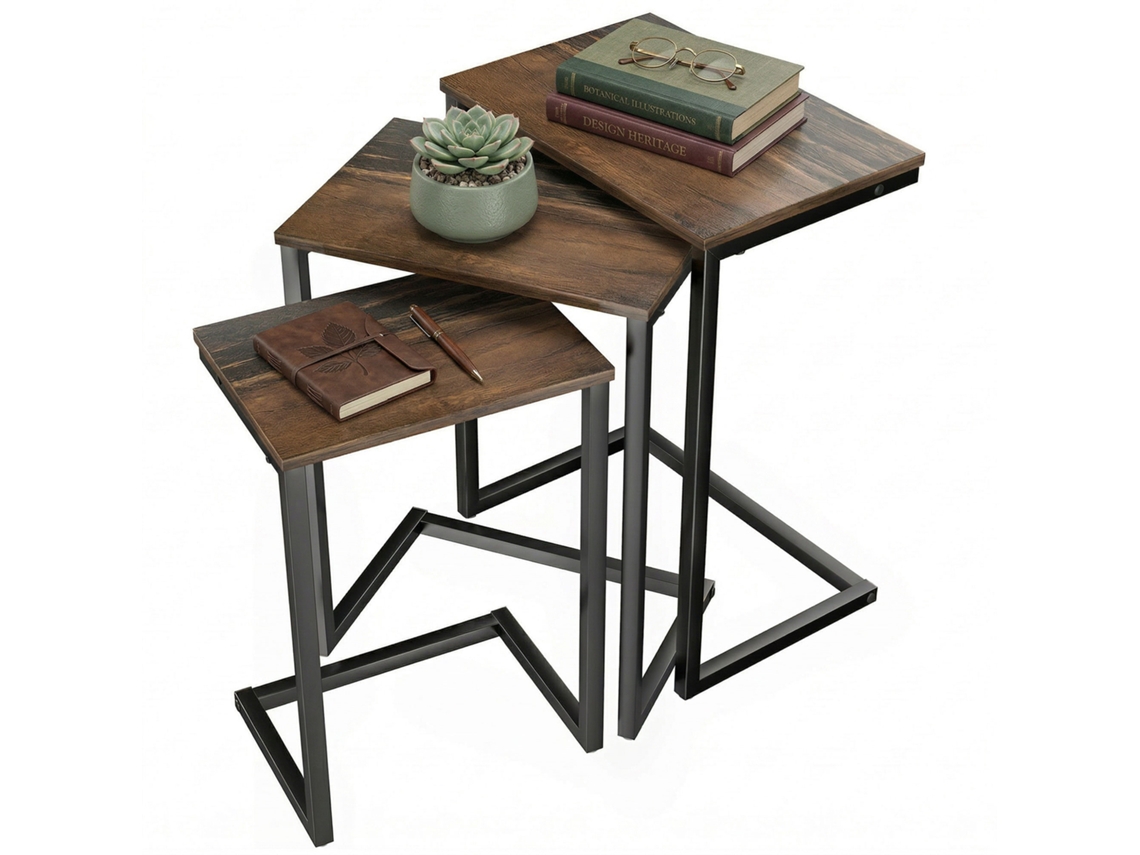 Conjunto de Três Mesas Laterais em Aço, Marrom e Preto, Dimensões 45x30x60 cm SINI TECH STORE