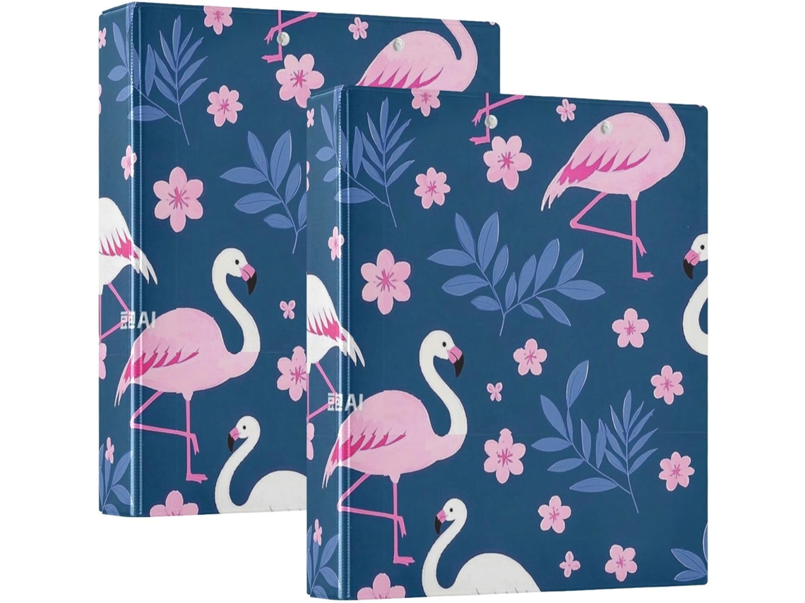 Pasta escolar elegante com estampa de flamingo, 3,8 cm, com compartimento para guardar objetos, pacote com 1 ou 2 unidades.