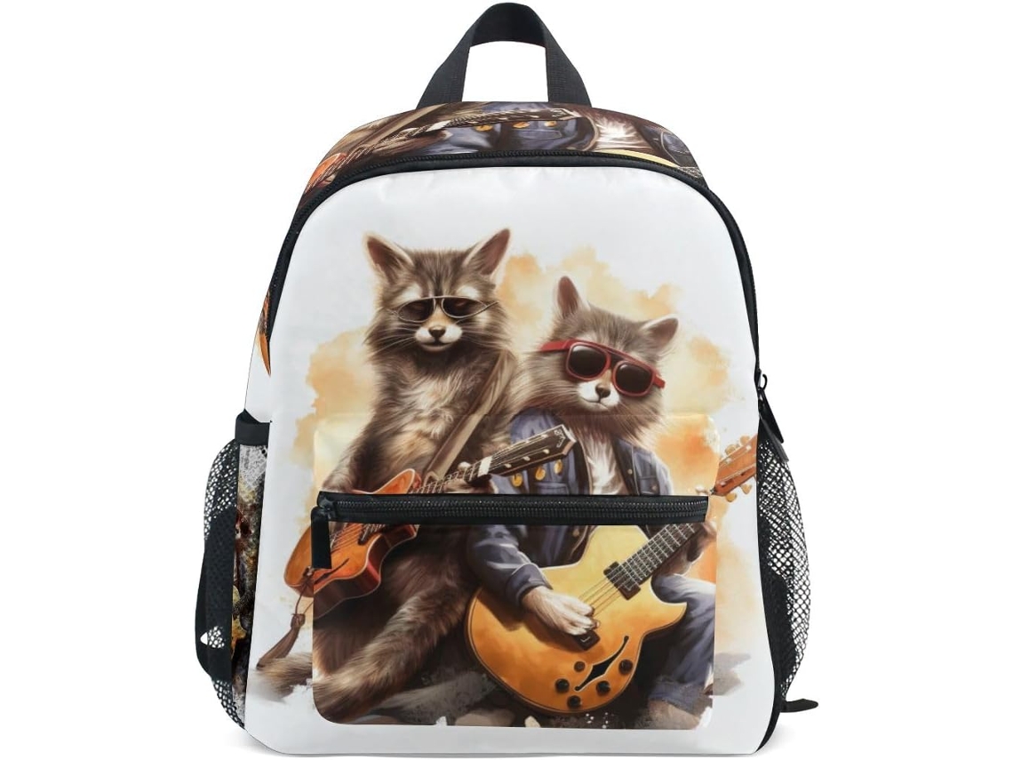 Mochila Escolar Pequena, Mochila Casual Para Meninos E Meninas. Estampa De Guaxinim Com Guitarra.