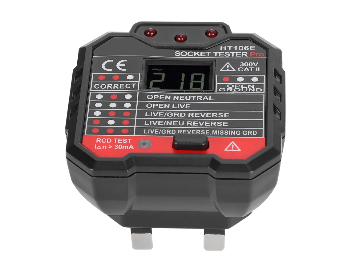Detector de tomadas digital portátil para teste de vazamentos e falhas em redes elétricas.