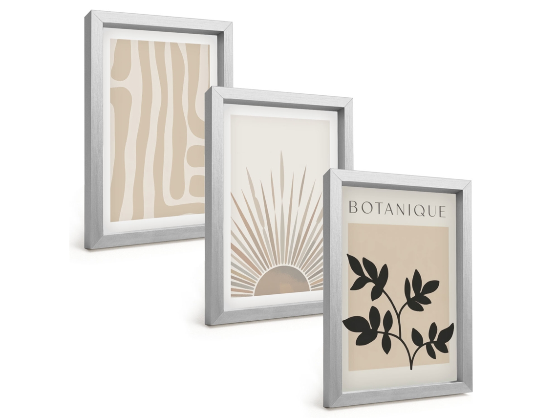 Conjunto De Pinturaspadrões Abstratos De Plantas Moldura Prateada Quadros Para A Sala De Estar Espelharte (3 Peças 20x30 Cm)