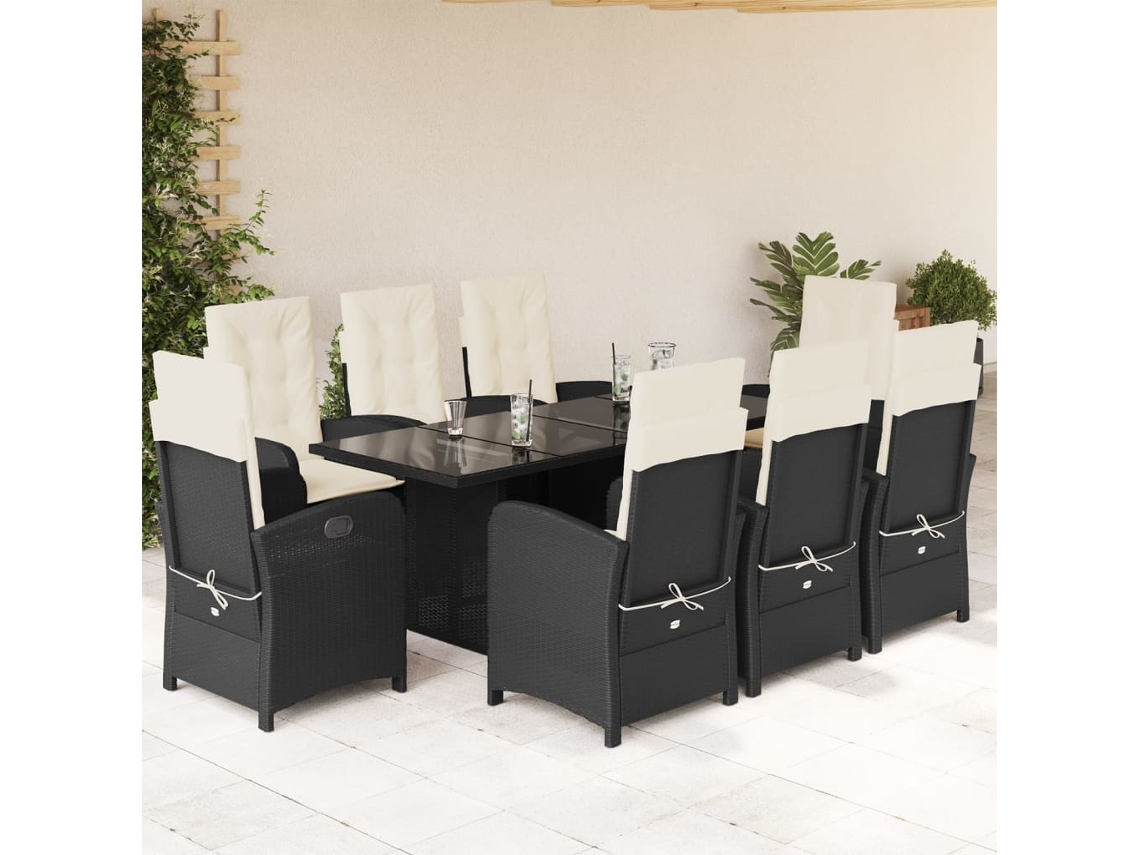 Vidaxl 9 Pcs Conjunto De Jantar P/ Jardim C/ Almofadões Vime Pe Preto