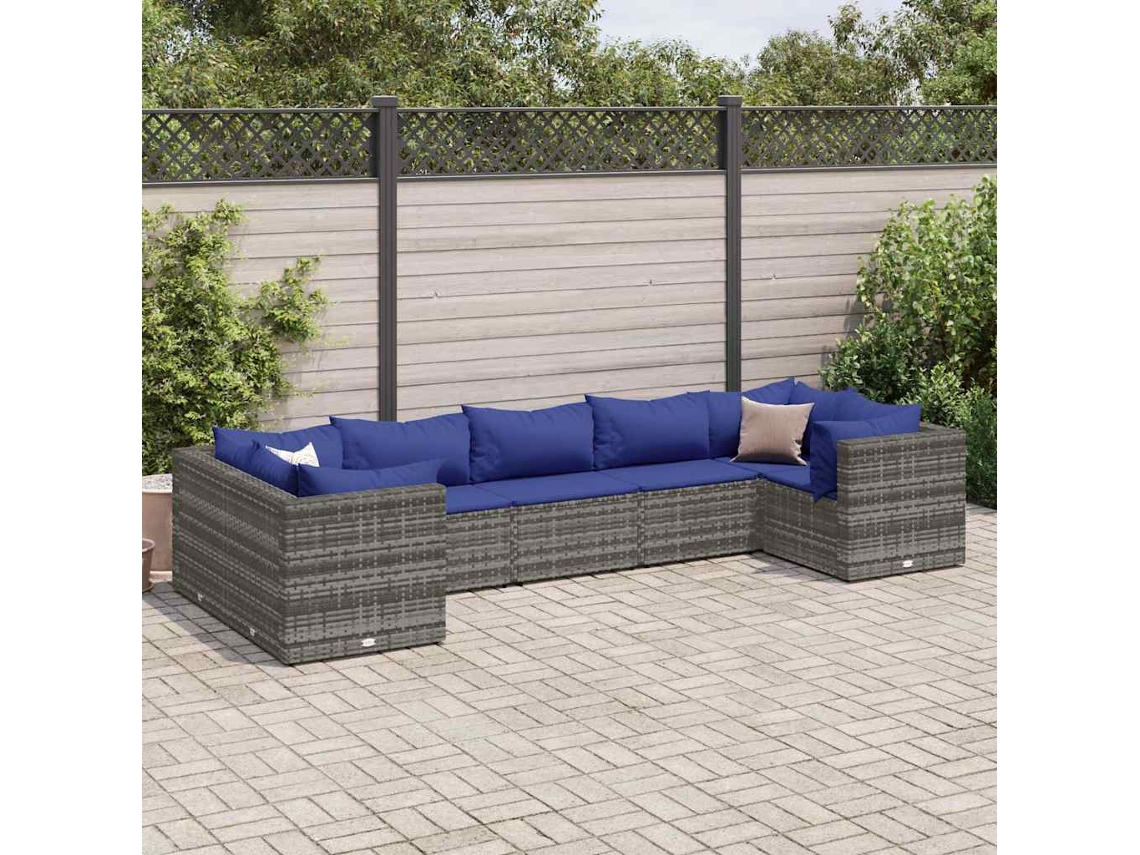 Vidaxl 7 Pcs Conjunto Lounge De Jardim C/ Almofadões Vime Pe Cinzento