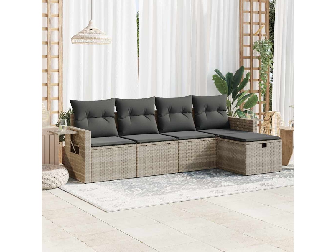 Vidaxl 5 Pcs Conj. Sofás Jardim C/ Almofadões Vime Pe Cinzento-claro