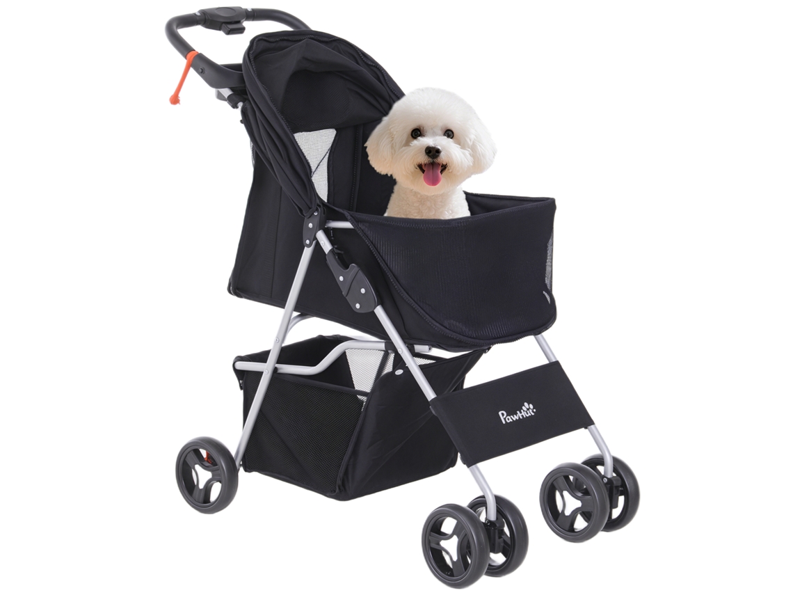 Carrinho para cães com capota ajustável, cesto de armazenamento e rodas com freio, tecido Oxford, 77x45x99,5 cm, preto