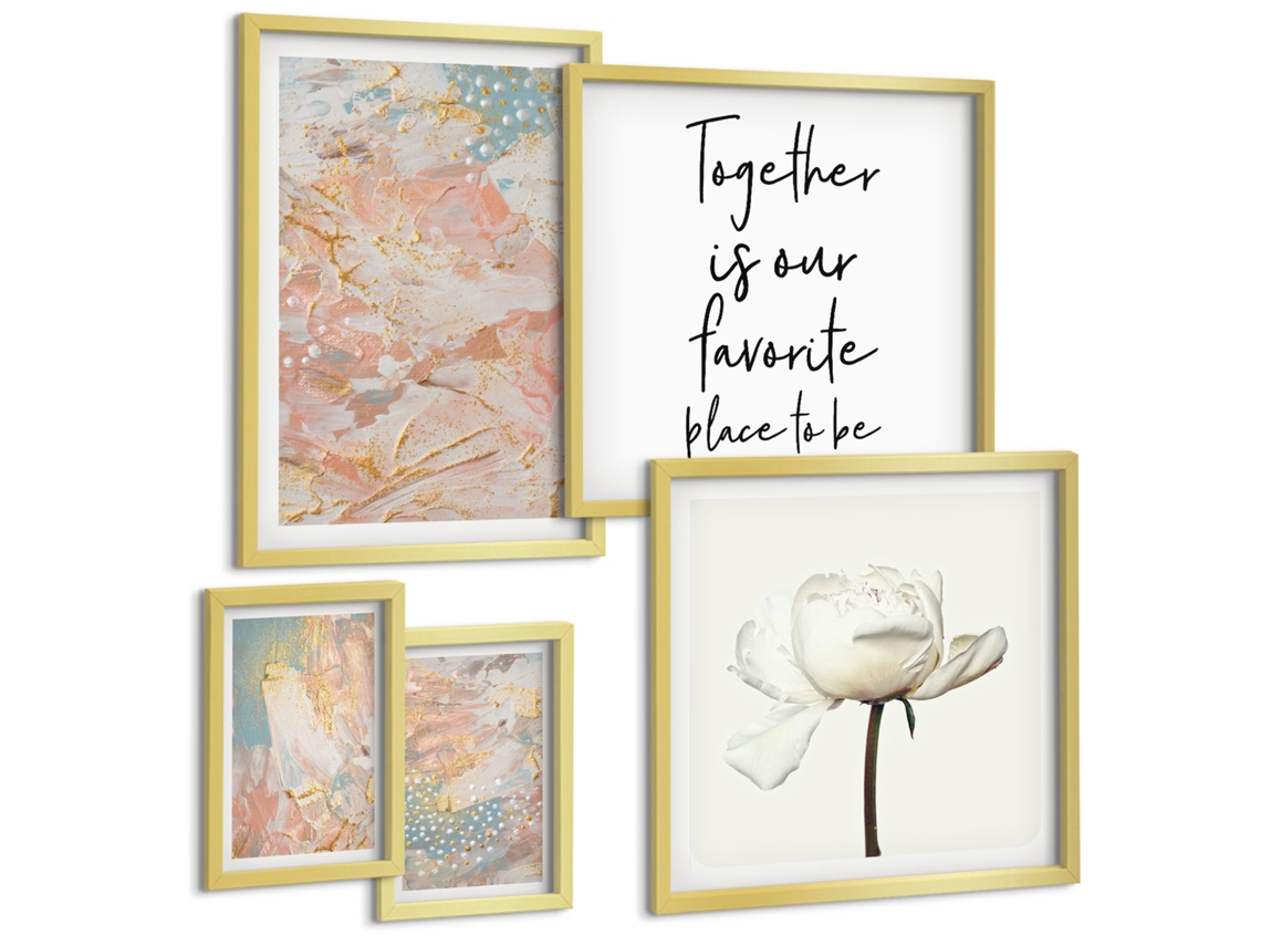 Conjunto De Pinturas Flores, Ponte, Motivo De Letras Moldura Dourada Quadros Para O Escritório Espelharte (conjunto De 5 Imagens)