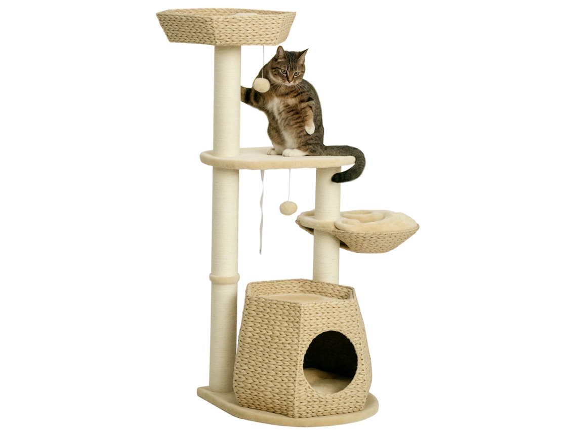 Árvore para Gatos com Arranhador, Casota de Rede e 2 Bolas Penduradas, Altura 119cm