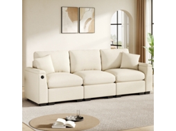 Sofá moderno de 3 lugares em chenille, com almofadas, mesa rebatível, entrada USB, porta-moedas e espaço para armazenamento, multifuncional para escritório, casa e home theater.