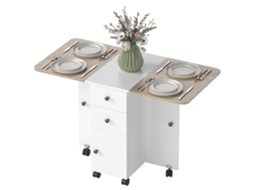 Mesa De Refeição Com Rodas Abatível Com 2 Gavetas E Armário Auxiliar Multifuncional 120x60x76,5 Cm Branco