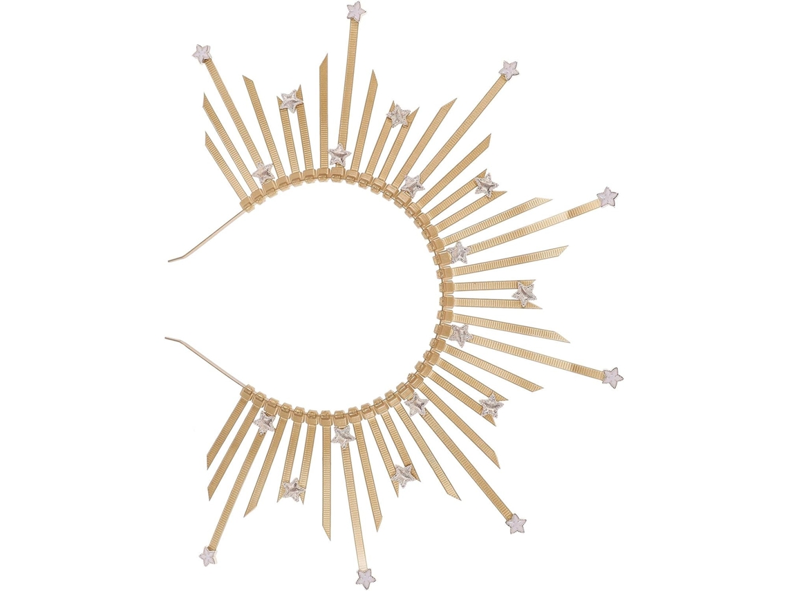 Tiara delicada com coroa dourada em metal e plástico, leve e fácil de usar.