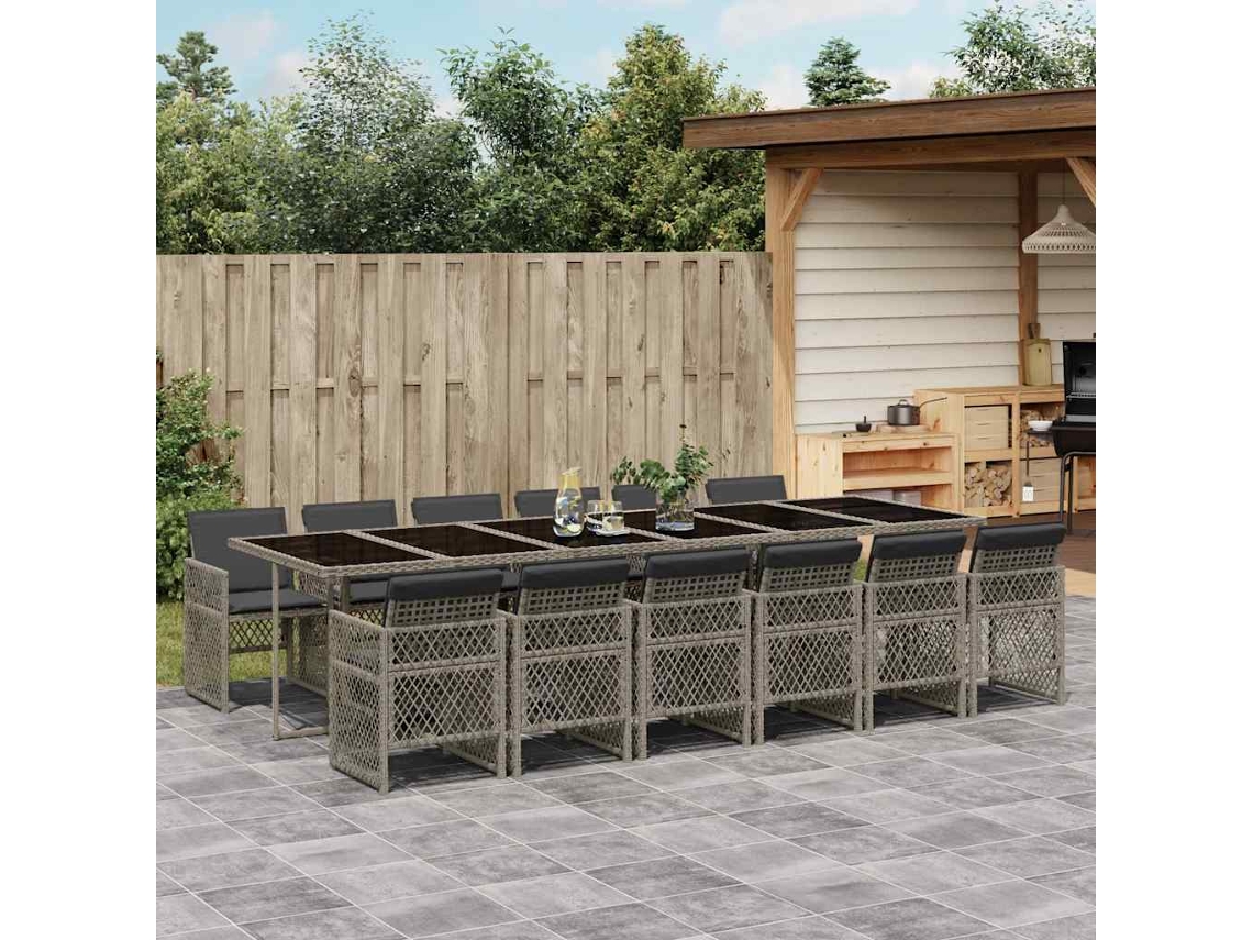 Vidaxl 13 Pcs Conjunto Jantar P/ Jardim C/ Almofadões Vime Pe Cinzento