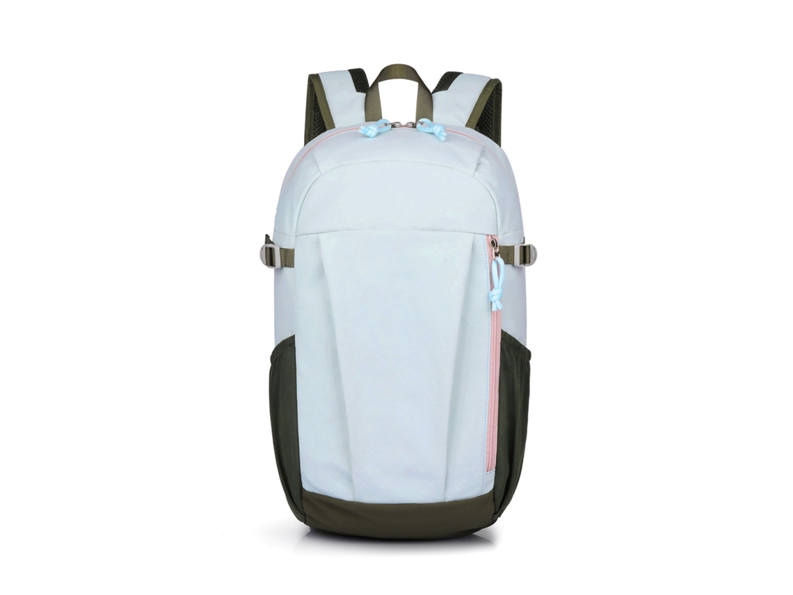 Mochila (azul claro) para atividades ao ar livre/caminhadas, simples e práticas.