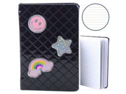 Caderno Pautado B6 Com 80 Páginas, Preto Com Glitter E Aplicações
