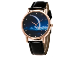 Relógio de pulso com padrão de lua noturna em strass, pulseira de couro PU preta.