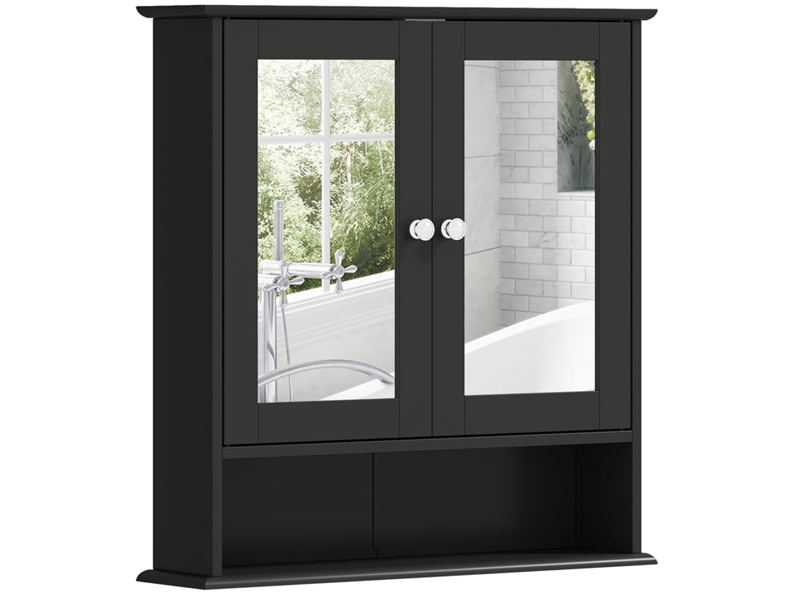 Armário de Casa de Banho Mdf, Vidro Cor Preto 56x13x58 cm Kleankin