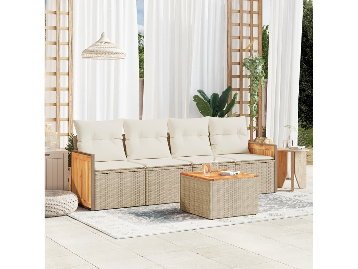 Vidaxl 5 Pcs Conjunto De Sofás P/ Jardim Com Almofadões Vime Pe Bege
