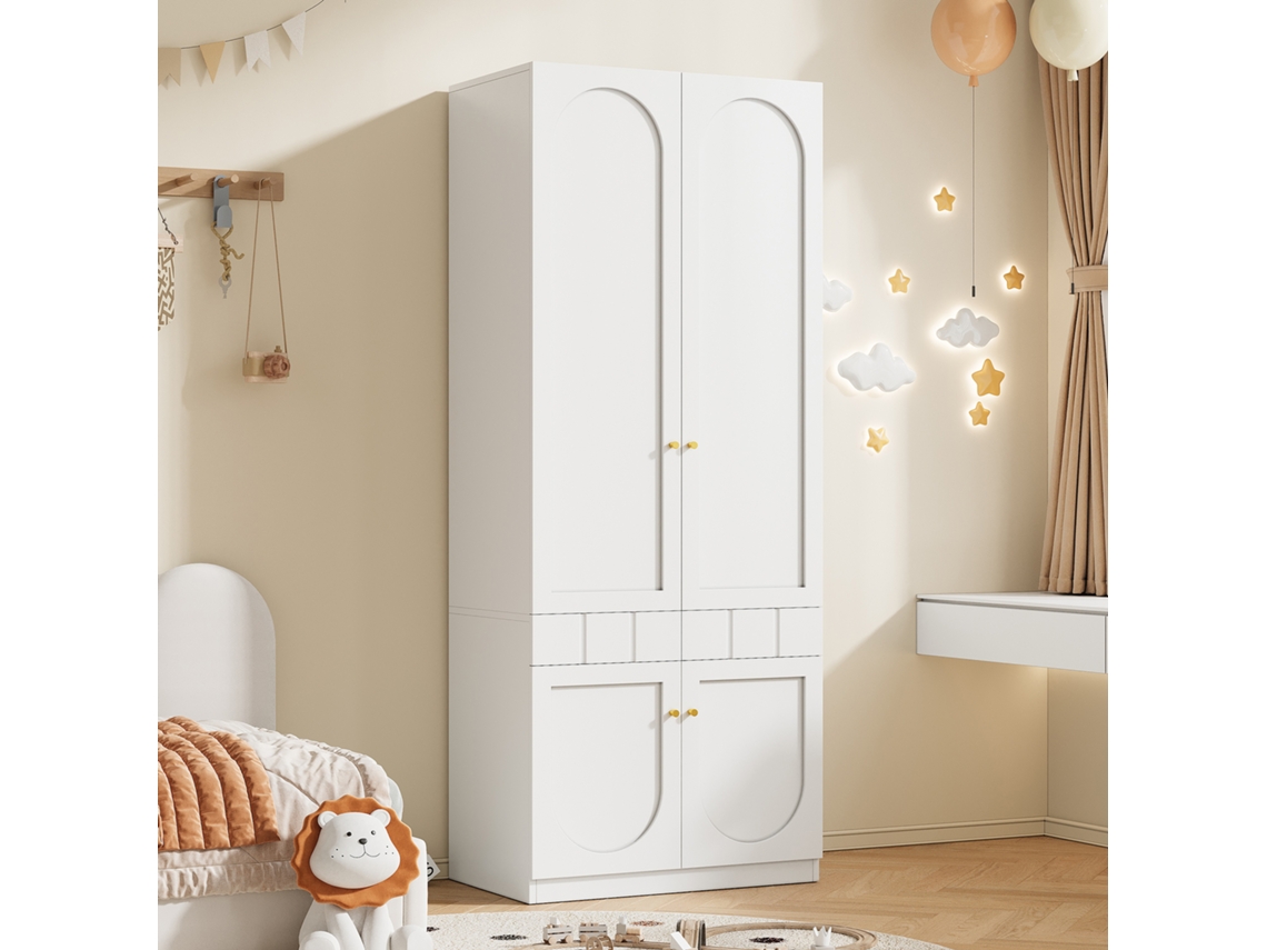 Roupeiro De 2 Portas 80×50×200 Cm - Lacado, Barra Para Pendurar Roupa, Gavetas, Puxadores Metálicos, Mobiliário De Quarto - Branco