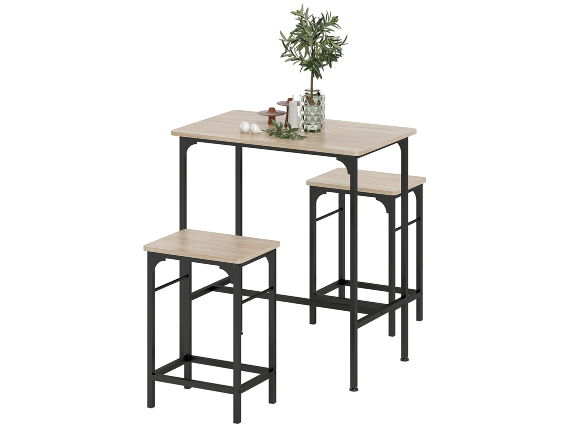 Conjunto De Mesa De Bar Com 2 Banquinhos Em Estrutura De Aço, Efeito Madeira Natural