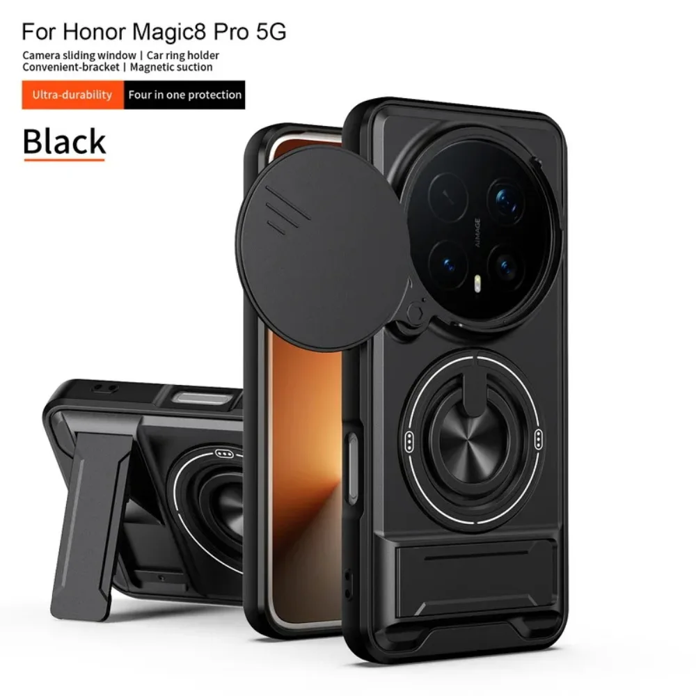 (preto, Honor Magic6 Lite) Capa Protetora 2 Em 1 Com Suporte Magnético Em Anel E Tampa Deslizante Para Lente.