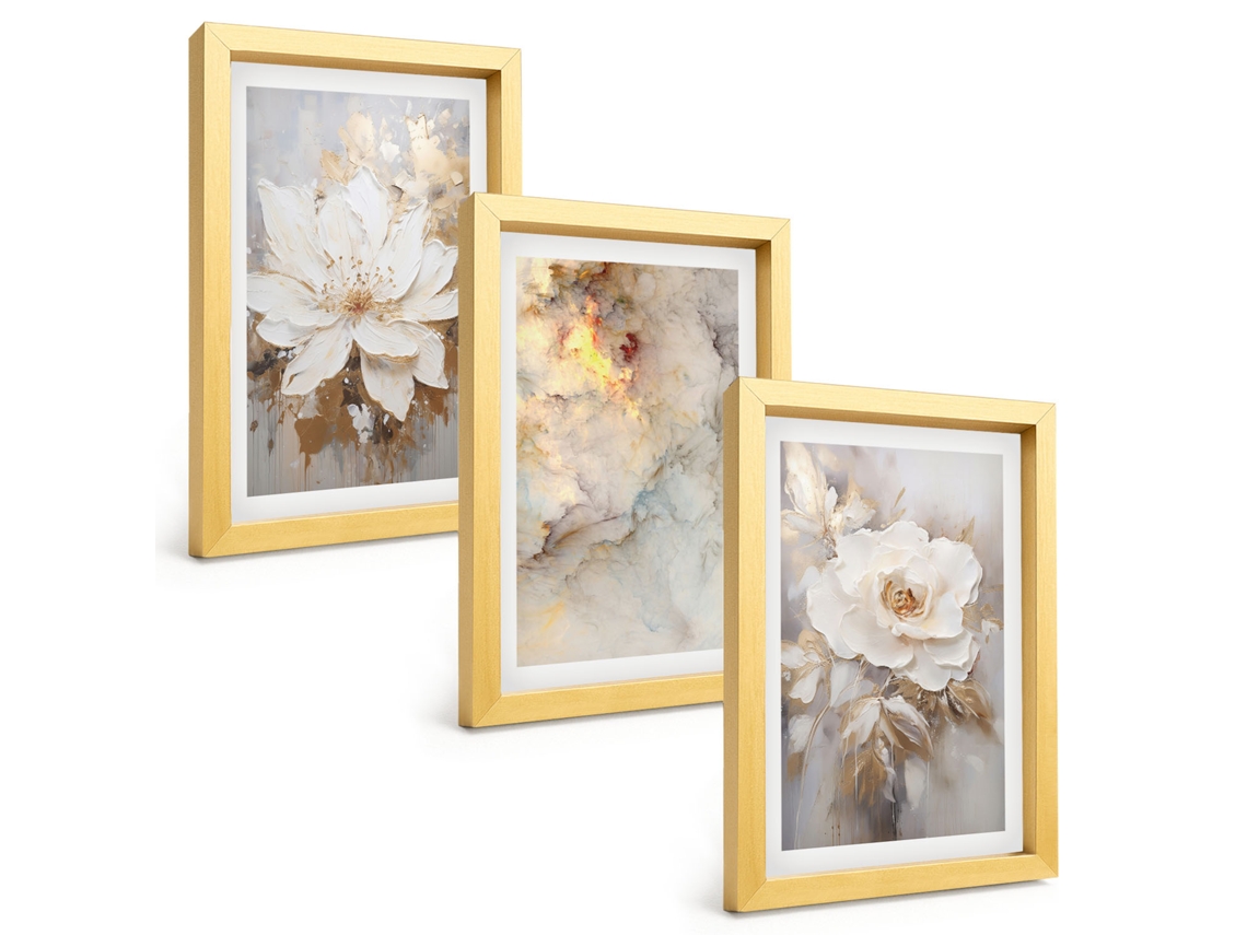 Composição De Quadros Flores, Fundo Claro, Abstrações Espelharte (3 Peças 20x30 Cm)