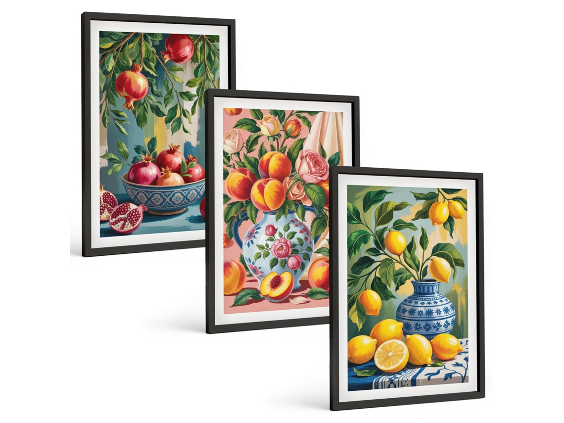 Galeria De Pinturas Murais Composições De Frutas, Romãs Moldura Preta Quadros Para O Escritório Espelharte (3 Piezas De 40x60 Cm)