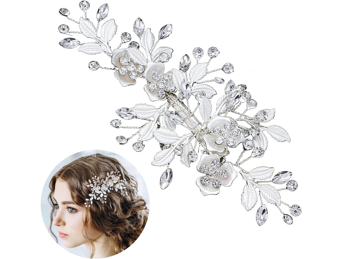 Pieza de Cristal para Cabelo com Pérolas Brilhantes e Pedras de Circonia, Acessórios para Cabelo para Mulheres e Meninas (prateado)