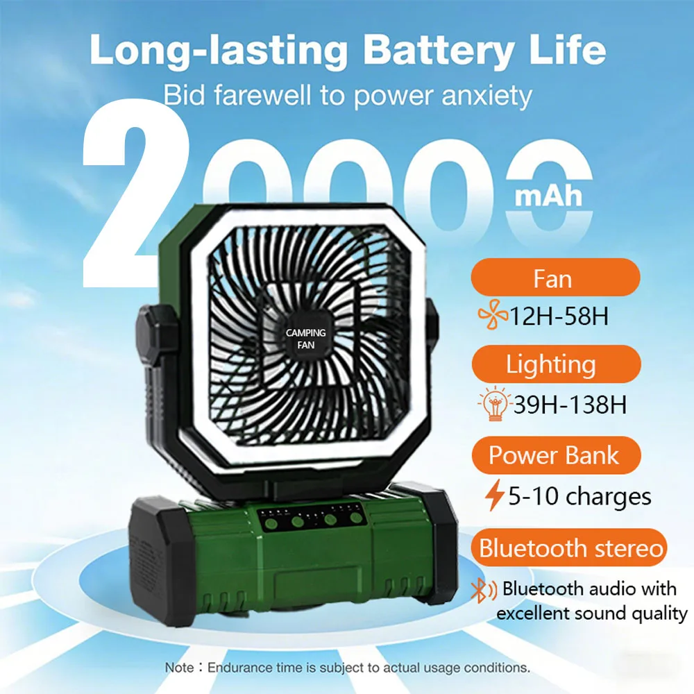Ventilador De Camping Para Uso Externo (verde (bluetooth)), 20000mah, Recarregável, Com Luz Led E Controle Remoto.