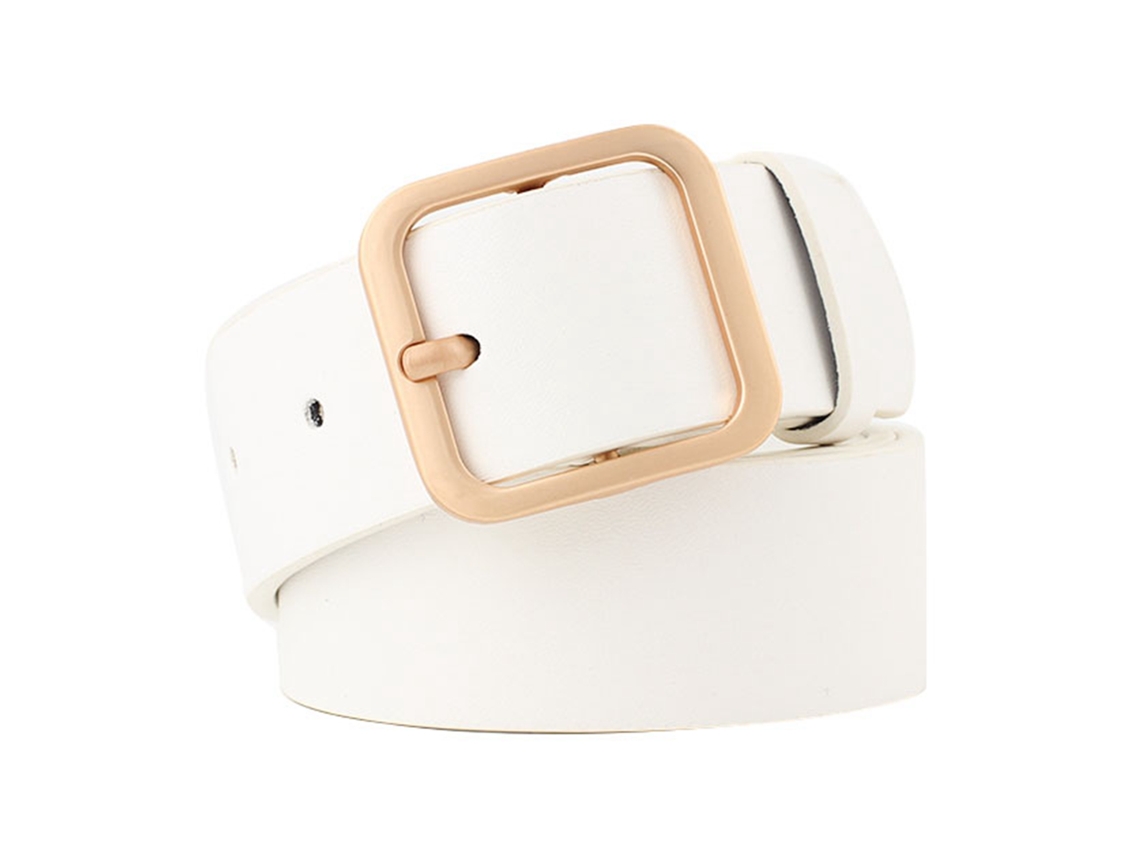 Cinto Feminino Couro Pu Ajustável Fivela Retangular Branco Dourado 43.3 X 1.3in